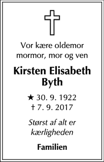 Dødsannoncen for Kirsten Elisabeth Byth - Espergærde