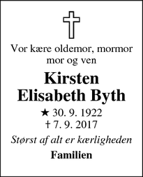Dødsannoncen for Kirsten Elisabeth Byth - Espergærde