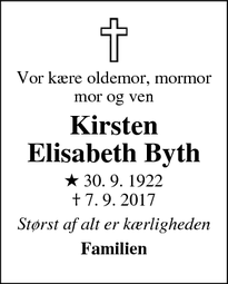 Dødsannoncen for Kirsten Elisabeth Byth - Espergærde