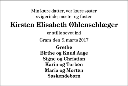 Dødsannoncen for Kirsten Elisabeth Øhlenschlæger - Gram