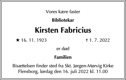 Dødsannoncen for Kirsten Fabricius - Rungsted Kyst