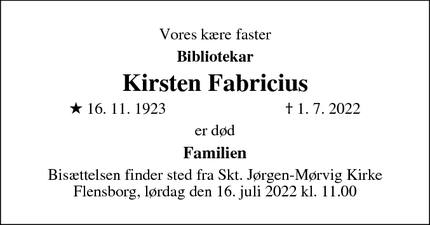Dødsannoncen for Kirsten Fabricius - Rungsted Kyst