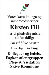 Dødsannoncen for Kirsten Fiil - Nykøbing Mors
