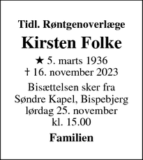 Dødsannoncen for Kirsten Folke - Storkøbenhavn 