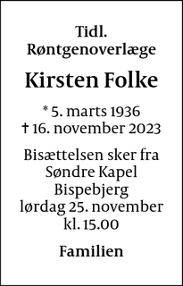 Dødsannoncen for Kirsten Folke - Storkøbenhavn 