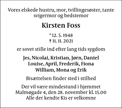 Dødsannoncen for Kirsten Foss - kbh
