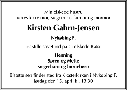 Dødsannoncen for Kirsten Gahrn-Jensen - Nykøbing F