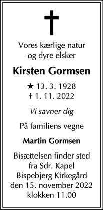 Dødsannoncen for Kirsten Gormsen - Virum