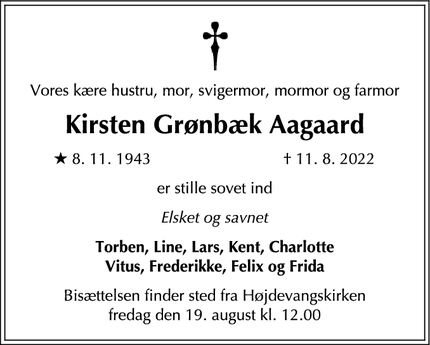 Dødsannoncen for Kirsten Grønbæk Aagaard - København, Amager
