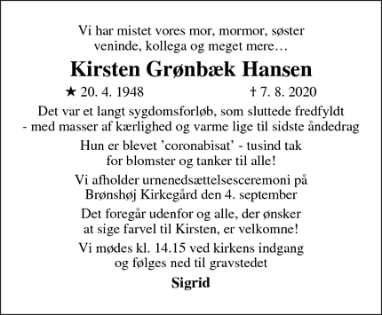 Dødsannoncen for Kirsten Grønbæk Hansen - københavn