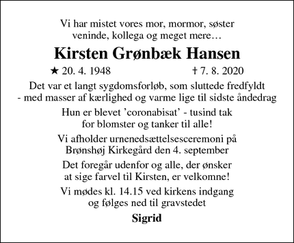 Dødsannoncen for Kirsten Grønbæk Hansen - københavn