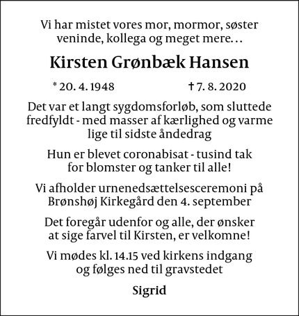 Dødsannoncen for Kirsten Grønbæk Hansen - københavn