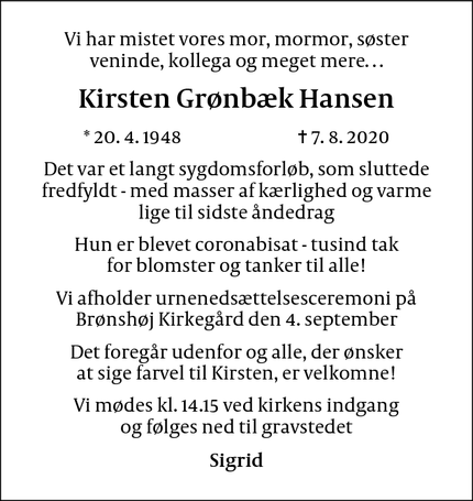 Dødsannoncen for Kirsten Grønbæk Hansen - københavn