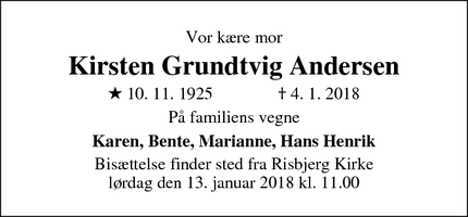 Dødsannoncen for Kirsten Grundtvig Andersen - Hvidovre