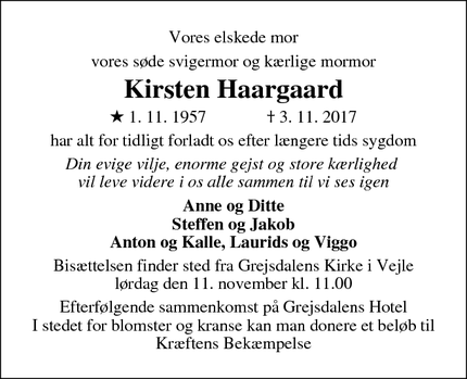 Dødsannoncen for Kirsten Haargaard - Vejle
