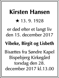 Dødsannoncen for Kirsten Hansen - København