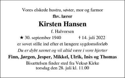 Dødsannoncen for Kirsten Hansen - 3670 Veksø