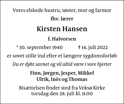 Dødsannoncen for Kirsten Hansen - 3670 Veksø