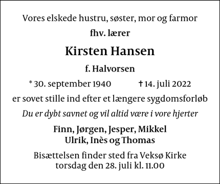 Dødsannoncen for Kirsten Hansen - 3670 Veksø