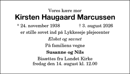 Dødsannoncen for Kirsten Haugaard Marcussen - Roskilde