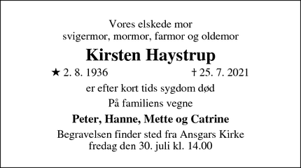 Dødsannoncen for Kirsten Haystrup - odense