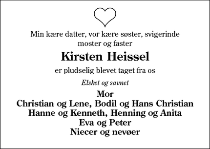 Dødsannoncen for Kirsten Heissel - Gråsten