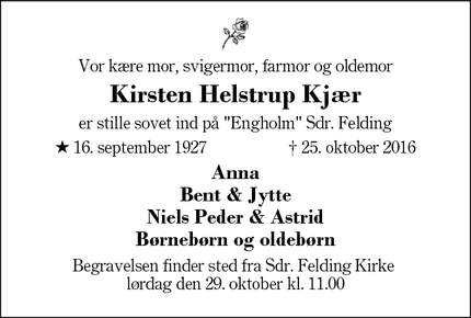 Dødsannoncen for Kirsten Helstrup Kjær - Sønder Felding