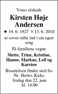 Dødsannoncen for Kirsten Høje Andersen - Hillerød