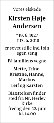 Dødsannoncen for Kirsten Høje Andersen - Hillerød