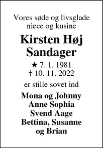 Dødsannoncen for Kirsten Høj
Sandager - Ringkjøbing