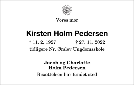 Dødsannoncen for Kirsten Holm Pedersen - Sorø