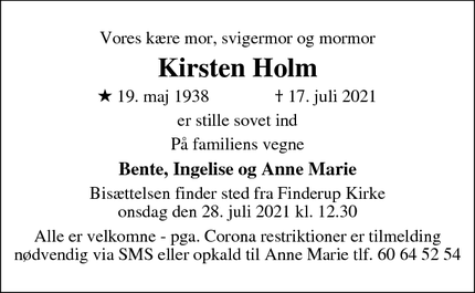 Dødsannoncen for Kirsten Holm - Holbæk