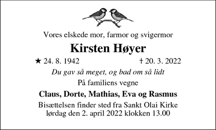 Dødsannoncen for Kirsten Høyer - Espergaerde