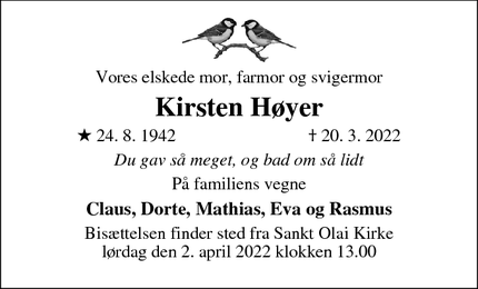Dødsannoncen for Kirsten Høyer - Espergaerde