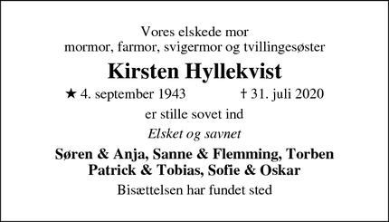 Dødsannoncen for Kirsten Hyllekvist - Albertslund