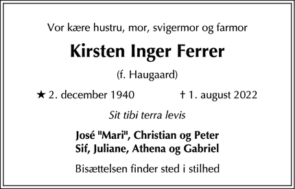 Dødsannoncen for Kirsten Inger Ferrer - Odense