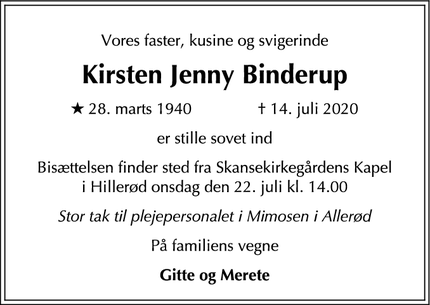 Dødsannoncen for Kirsten Jenny Binderup - Allerød