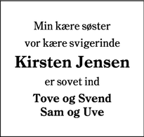 Dødsannoncen for Kirsten Jensen - Nørre Vejrup
