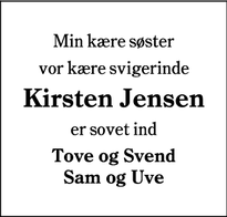 Dødsannoncen for Kirsten Jensen - Nørre Vejrup