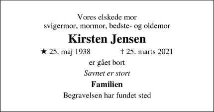 Dødsannoncen for Kirsten Jensen - Fredensborg