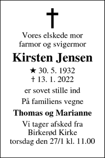 Dødsannoncen for Kirsten Jensen - Birkerød