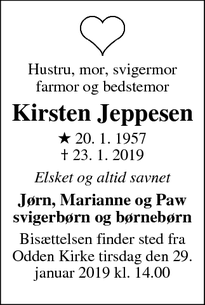 Dødsannoncen for Kirsten Jeppesen - Odden