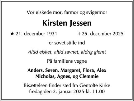 Dødsannoncen for Kirsten Jessen - Gilleleje