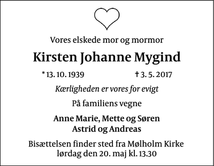 Dødsannoncen for Kirsten Johanne Mygind - Vejle