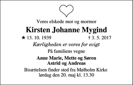 Dødsannoncen for Kirsten Johanne Mygind - Vejle