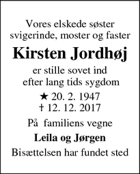 Dødsannoncen for Kirsten Jordhøj - Randers C