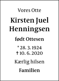 Dødsannoncen for Kirsten Juel Henningsen - København