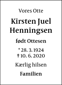 Dødsannoncen for Kirsten Juel Henningsen - København