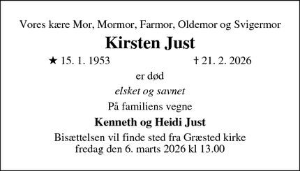 Dødsannoncen for Kirsten Just  - Smidstrup 