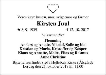 Dødsannoncen for Kirsten Juul - Ålsgårde